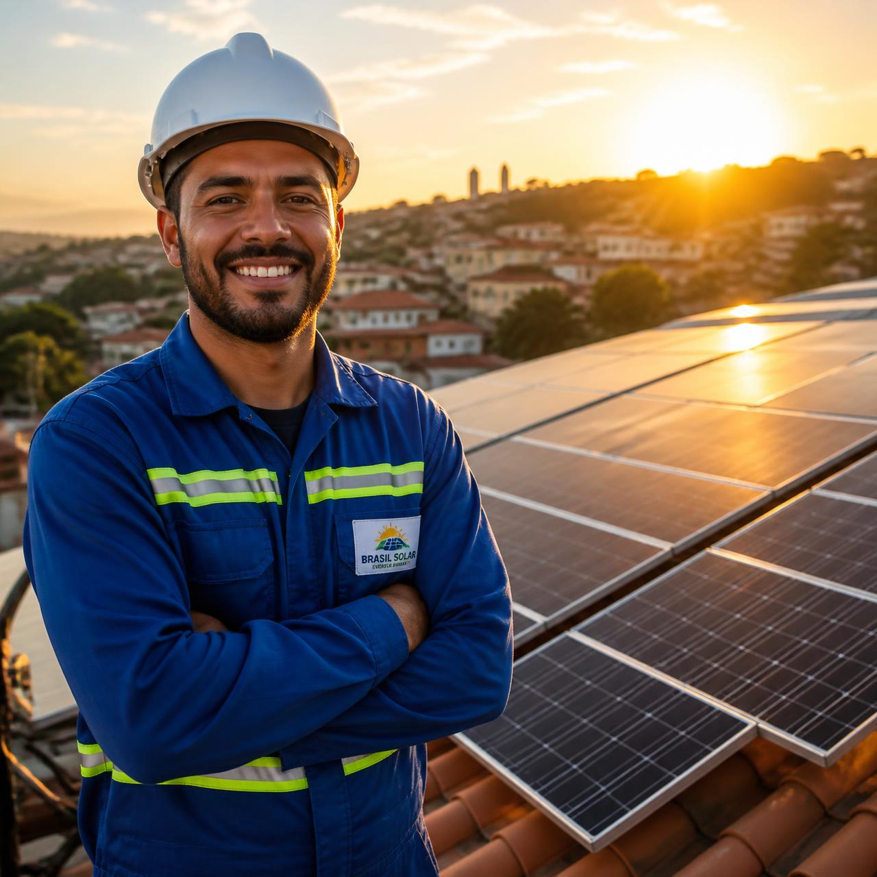 Instalador certificado Jinko Solar trabalhando em telhado